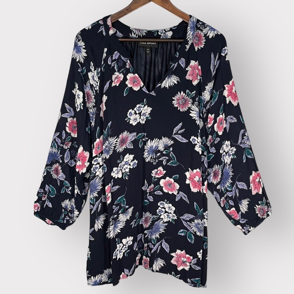Lane Bryant Navy Blue Floral V-Neck Tunic Blouse Long Sleeve Size 20
